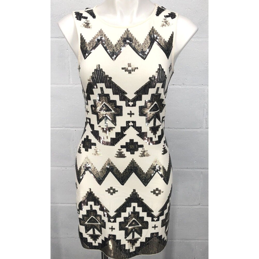 Express Patterned Sequin Dress Womens Size Small Ivory Off White Black Silver